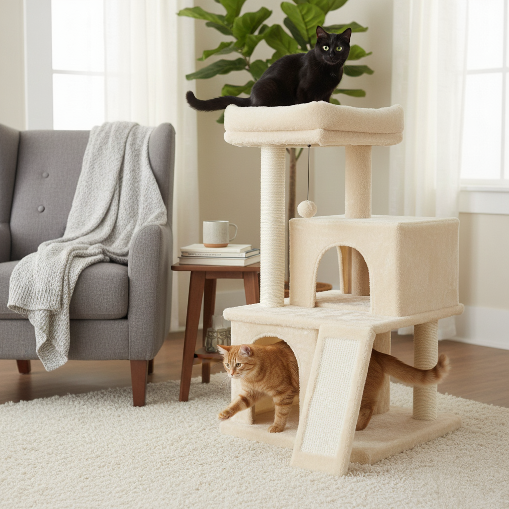 arbre-a-chat-design-85cm-le-duplex-felin-a-doubles-niches-et-rampe-salon