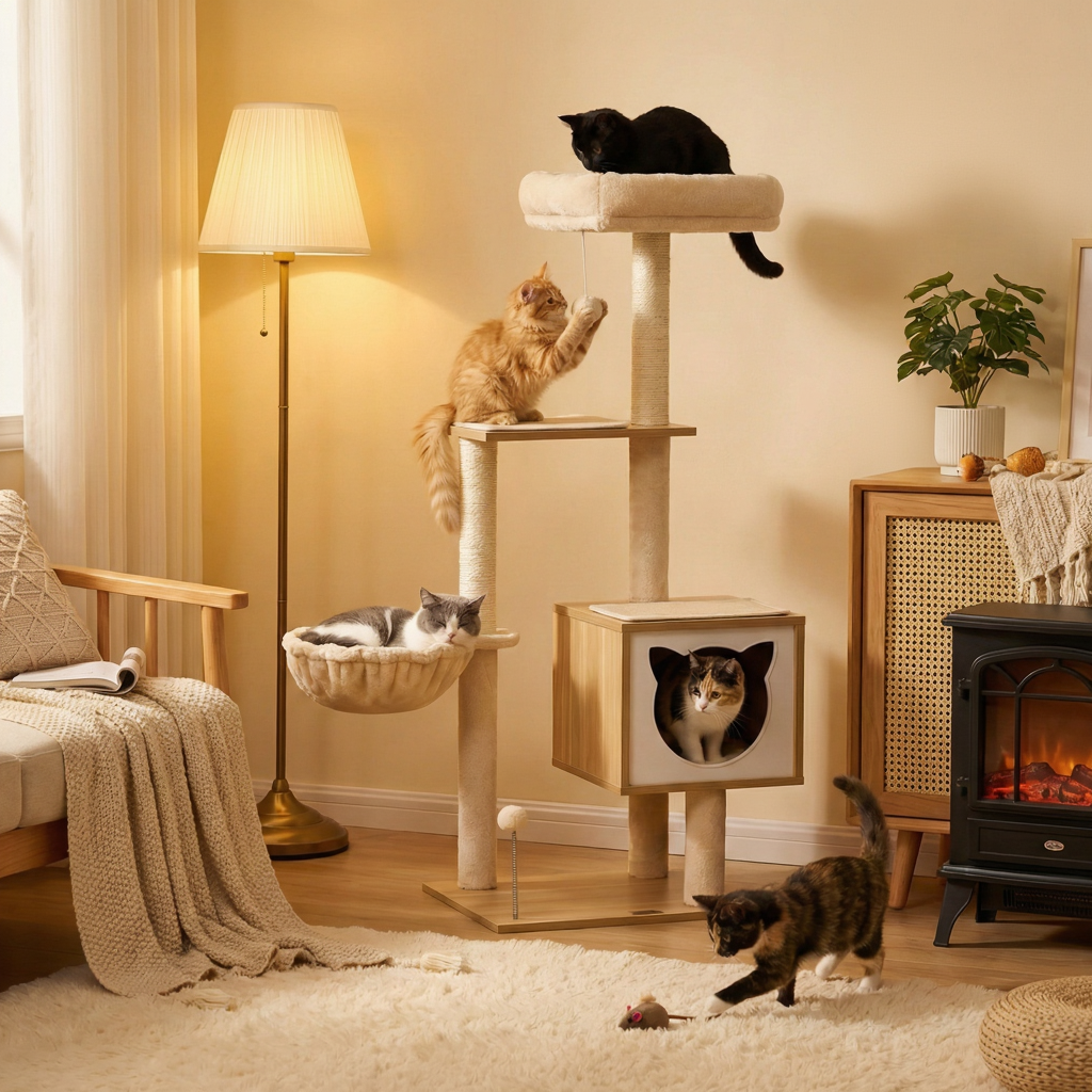 arbre-a-chat-en-bois-126cm-le-meuble-cocoon-avec-niche-tete-de-chat-dans-le-salon
