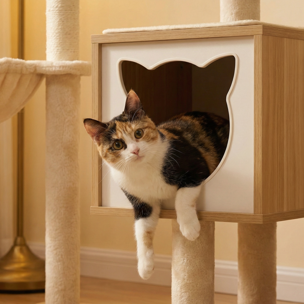 arbre-a-chat-en-bois-126cm-le-meuble-cocoon-avec-niche-tete-de-chat-dans-sa-niche