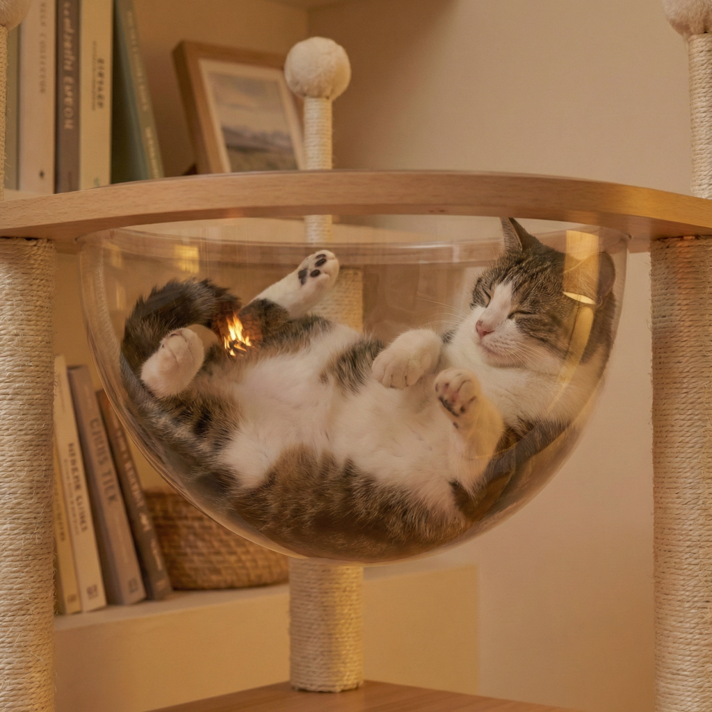 arbre-a-chat-en-bois-130cm-larbre-bibliotheque-avec-bulle-et-chat-en-train-de-dormir