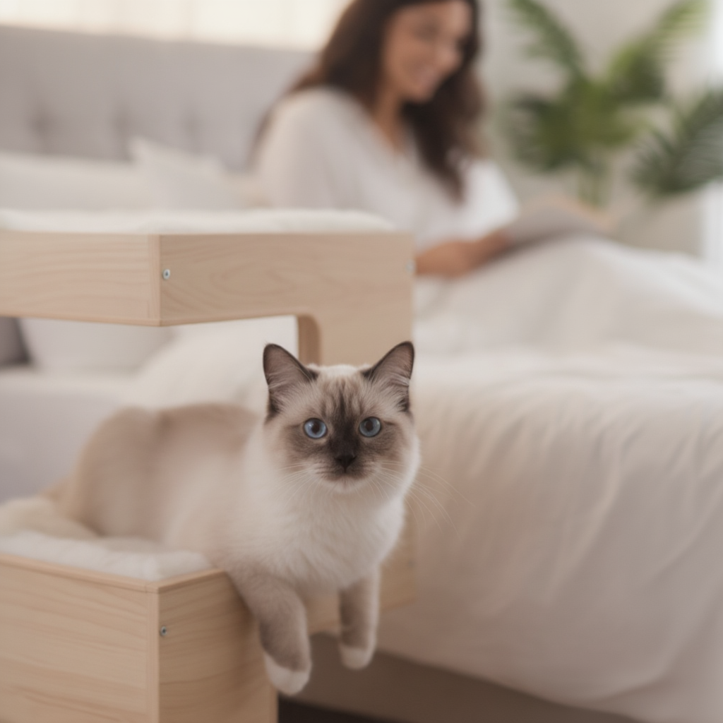 arbre-a-chat-en-bois-la-table-cubique-avec-niche-et-coussins-beige-table-de-nuit-avec-chat