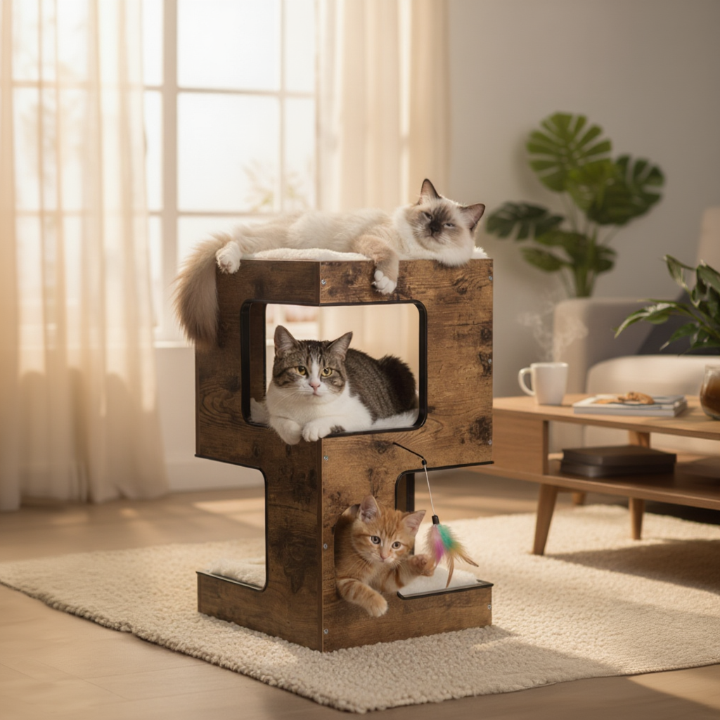 arbre-a-chat-en-bois-la-table-cubique-avec-niche-et-coussins-marron-table-de-nuit
