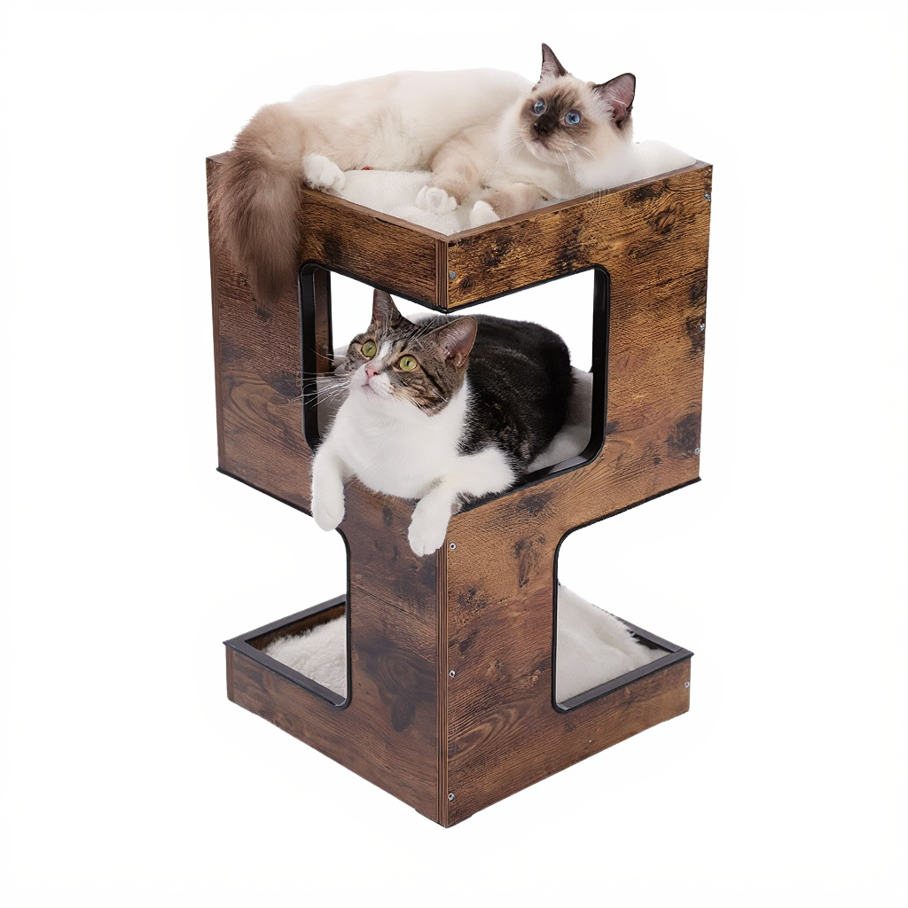 arbre-a-chat-en-bois-la-table-cubique-avec-niche-et-coussins-marron