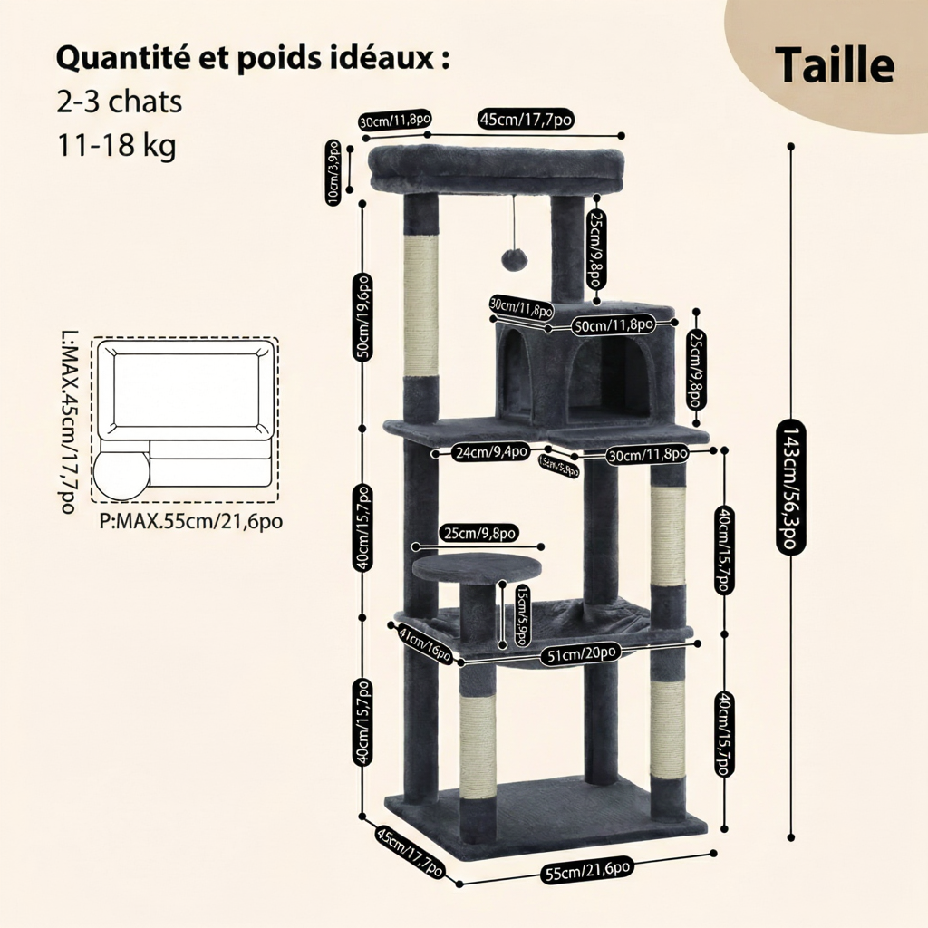 Arbre à Chat 143 cm pour Maine Coon - Griffoir Sisal et Niche