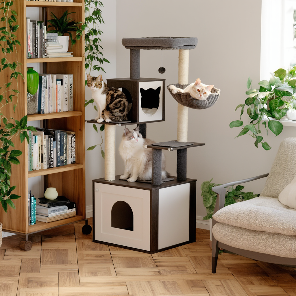 Arbre à Chat Maine Coon en Bois avec Meuble Cache-Litière Intégré