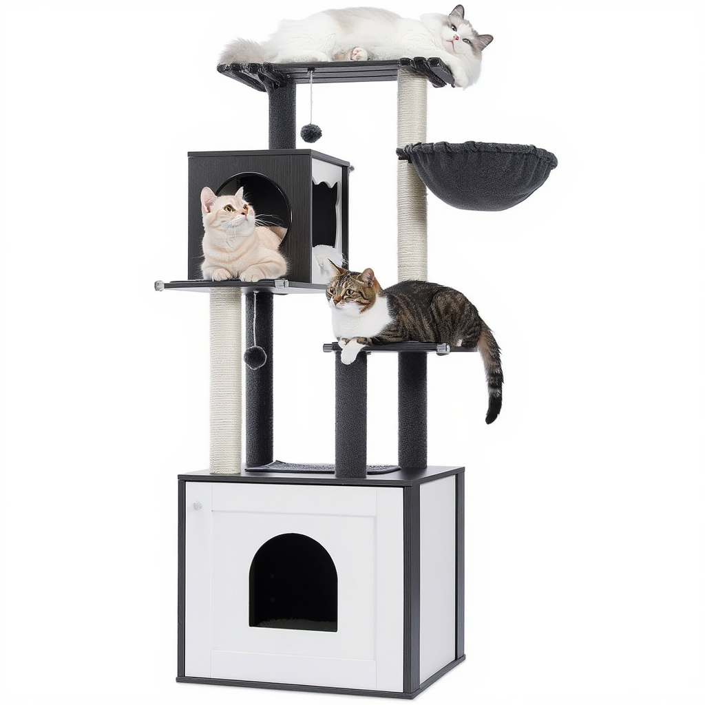 Arbre à Chat Maine Coon en Bois avec Meuble Cache-Litière Intégré