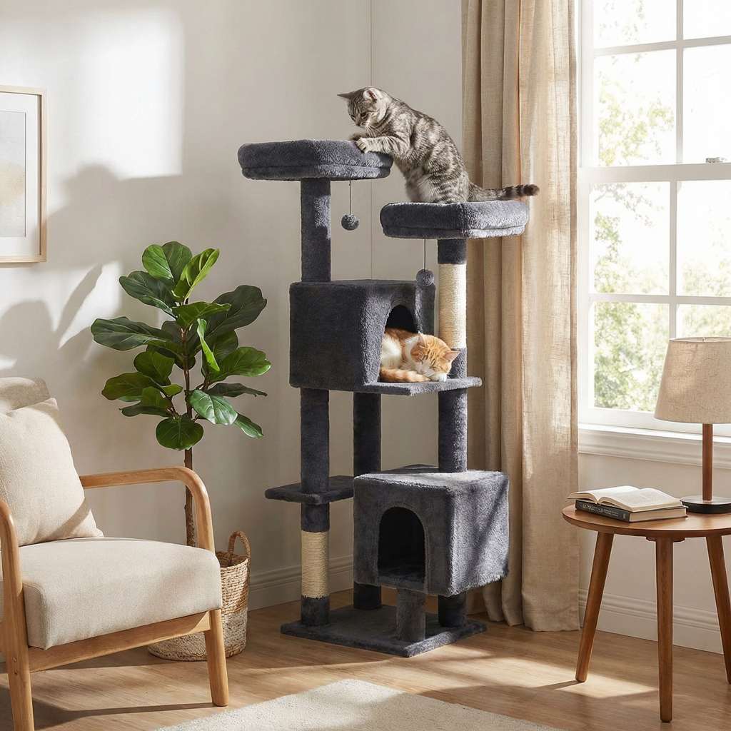 Arbre à Chat Multi-Niveaux 133 cm avec 2 Niches et Griffoirs Sisal