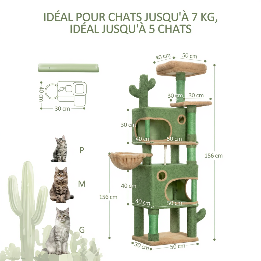 Grand Arbre à Chat Cactus 165 cm pour Maine Coon avec Niches et Panier