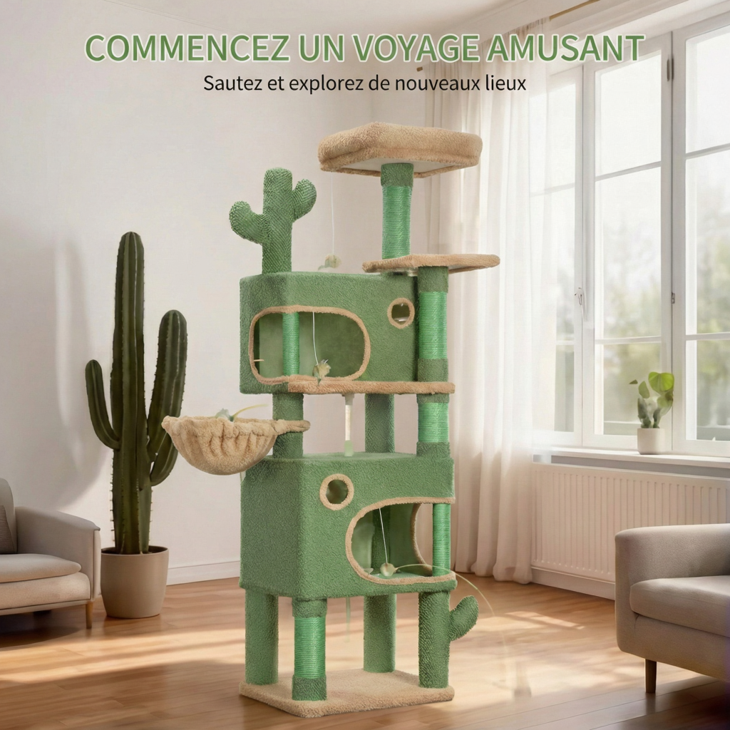 Grand Arbre à Chat Cactus 165 cm pour Maine Coon avec Niches et Panier